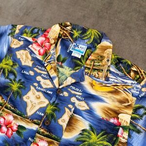 RJC Niihau Hawaiian Shirt Kids Size 14 Blue Tropical Map Cotton Aloha Button Up